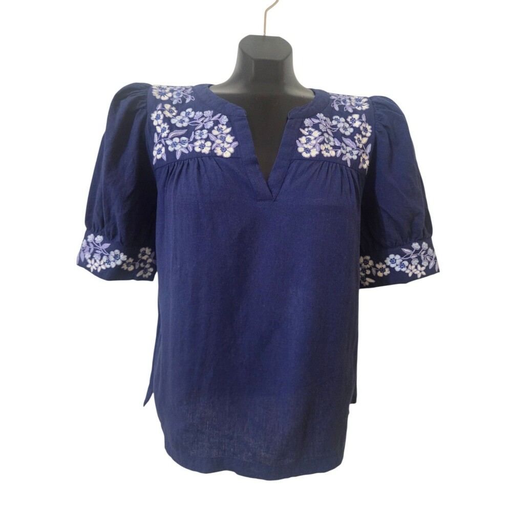 Roller Rabbit Embroidered Top Blouse Cotton Flax Blue Floral XS B17.1